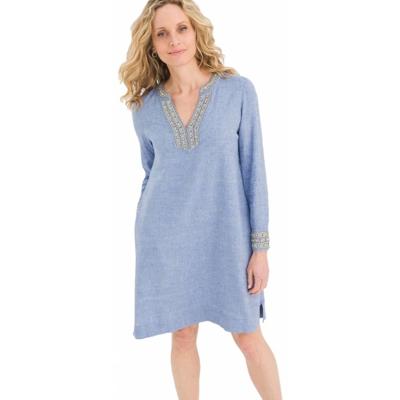 Chico's Dresses & Skirts - Chino Beaded Linen-Blend V-Neck Long Sleeve Blue Dress Size 3
